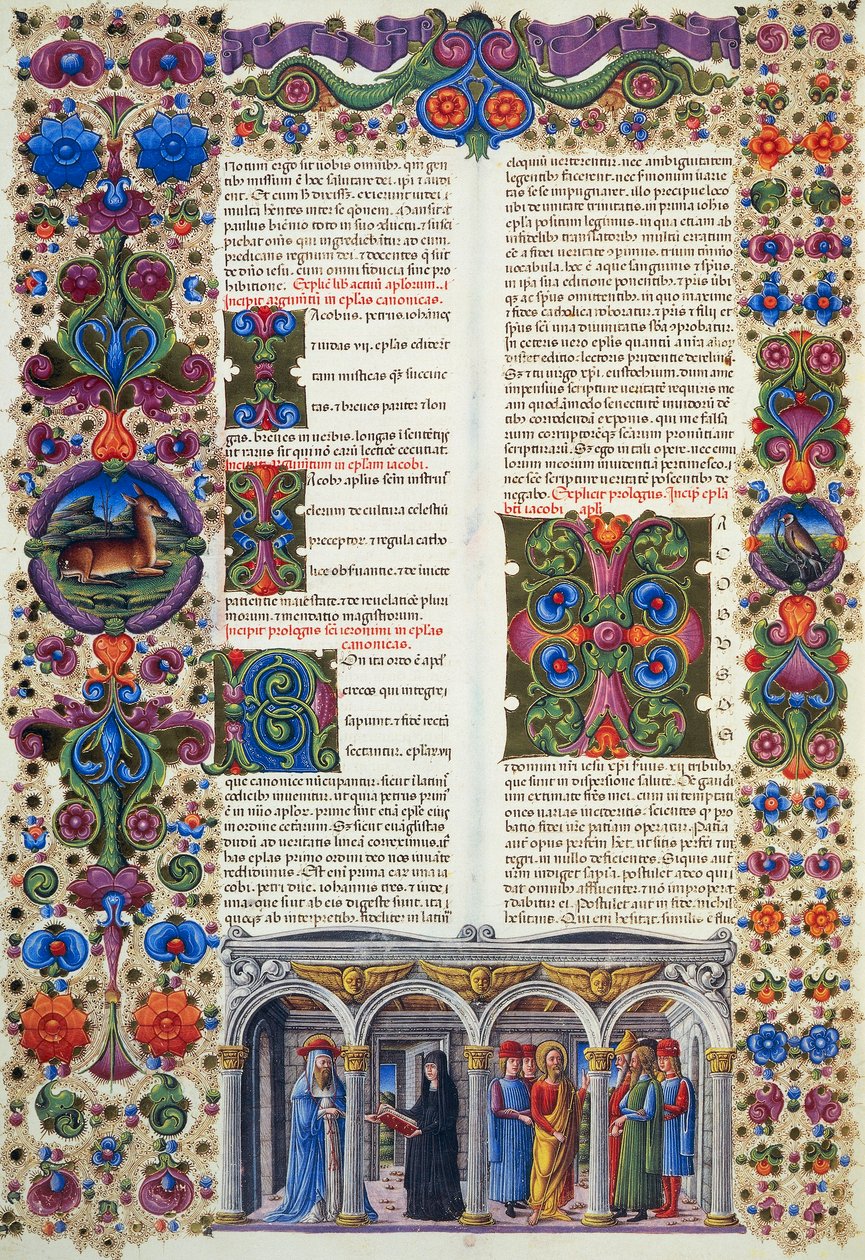 ヤコブの手紙、ボルソ・デステの聖書第2巻、Taddeo Crivelli (1425-1479)らによる彩色、ラテン語写本422-423、フォリオ229、裏面、羊皮紙。 作： タデオ・クリヴェッリ