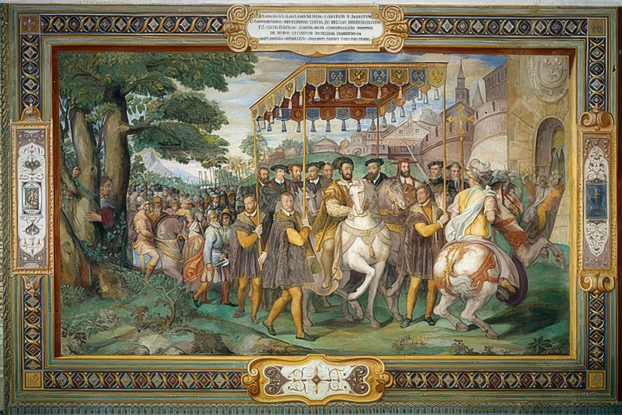 フランシス1世は1540年にパリでチャールズ5世と枢機卿アレッサンドロファルネーゼを受け取ります。1559 作： タデオ・ズッカリ