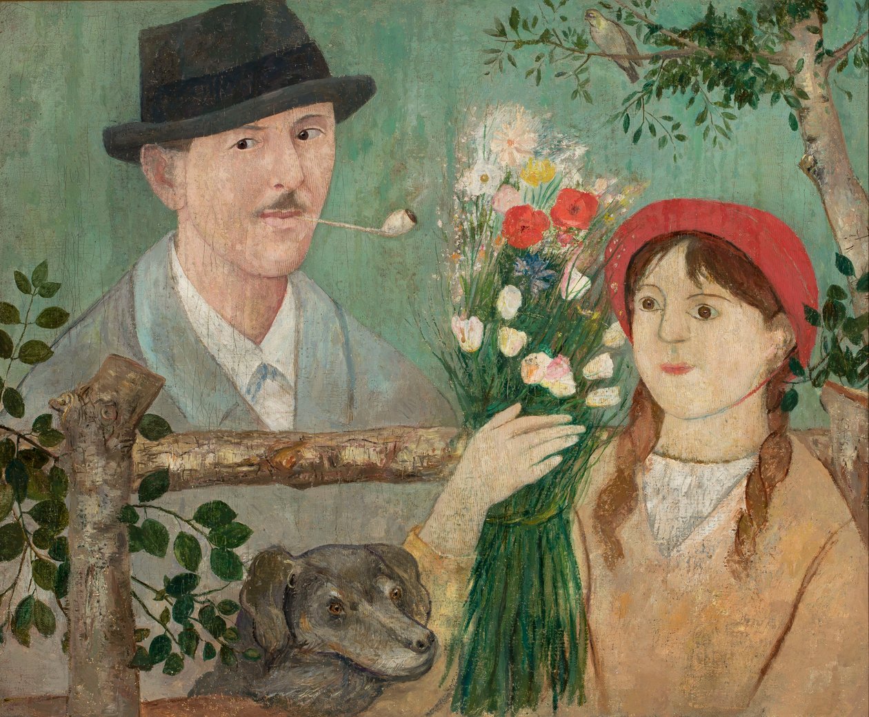 柵のそばの牧歌（自画像、花を持つ少女と犬） 作： タデウシュ・マコウスキー