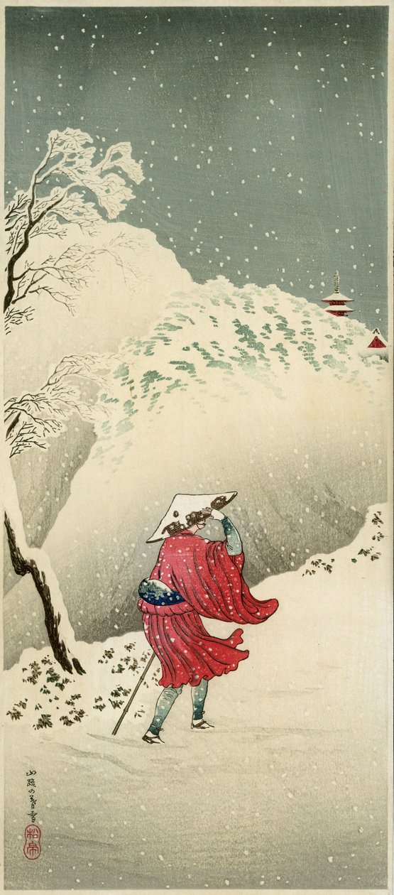 雪の中の旅人（カラー木版画 作： 高橋宏明