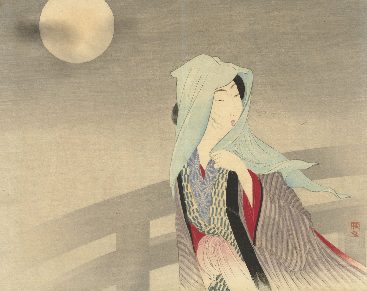 月明かりに照らされた橋の上のベールに包まれた女性、1900〜25年（色の木版画） 作： 竹内桂樹竹内桂樹
