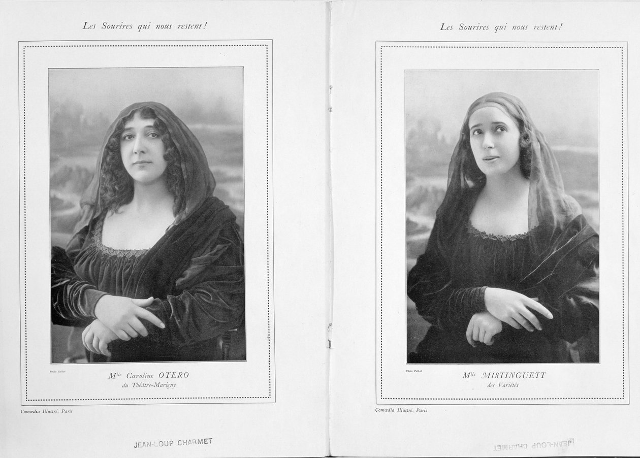 La Belle OteroとMistinguettがモナリザとして、コエディアIllustreのLes Sourires qui Nous Restent、1911年の記事から（bw写真） 作： タルボット