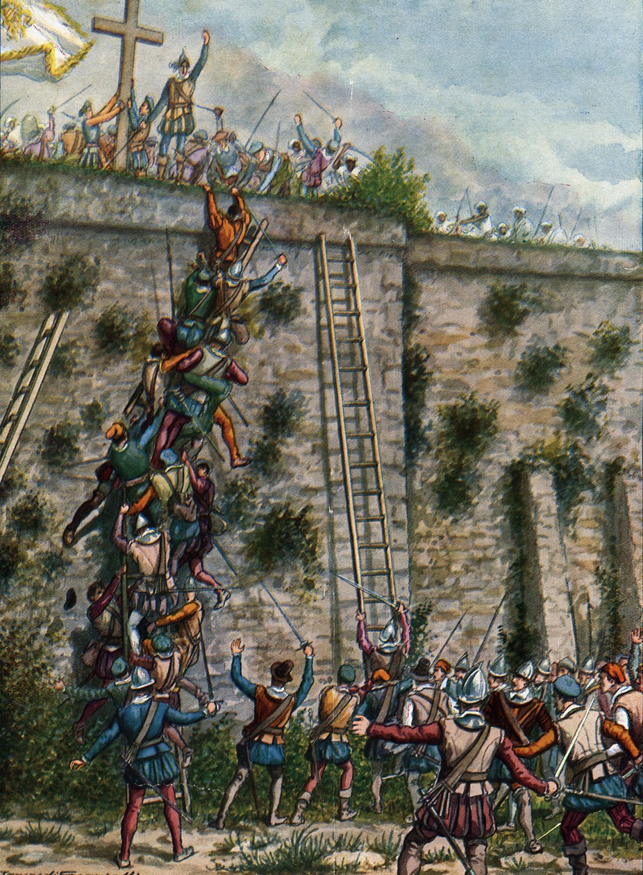 1513年2月にアデンを攻撃するアフォンソアルバカーキの兵士、航海士の歴史、1936年のイラスト 作： タンクレディ・スカルペリ