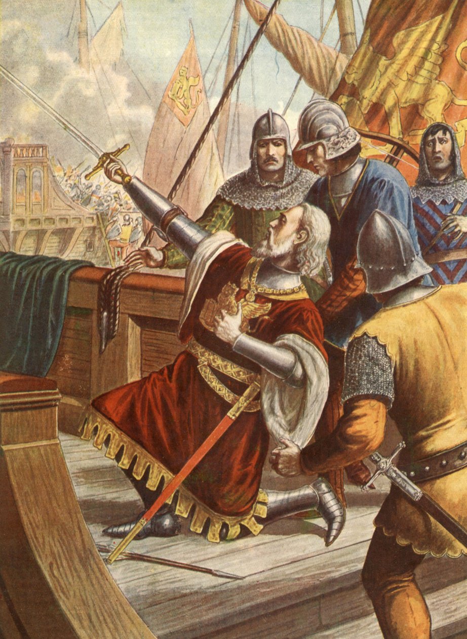 1379年、ジェノヴァとヴェネツィアの戦争で戦死したイタリアの提督ルチアーノ・ドリア、イラスト、30年代 作： タンクレディ・スカルペリ