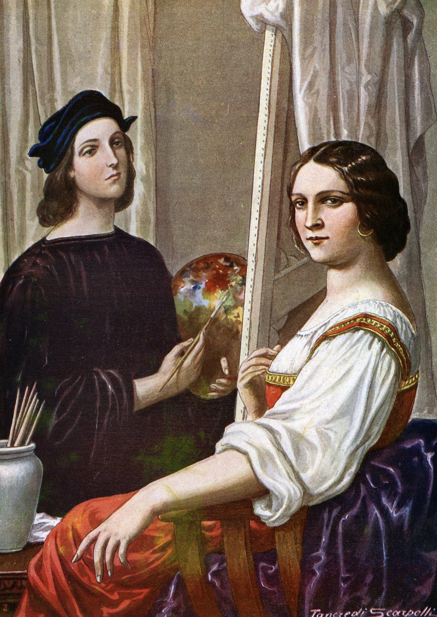 フォルナリーナを描く画家ラファエロ (Raffaello Sanzio 1483 - 1520) の肖像 (イタリアの画家ラファエルとフォルナリーナと呼ばれる若い女性) パオロ・ジュディ 作： タンクレディ・スカルペリ