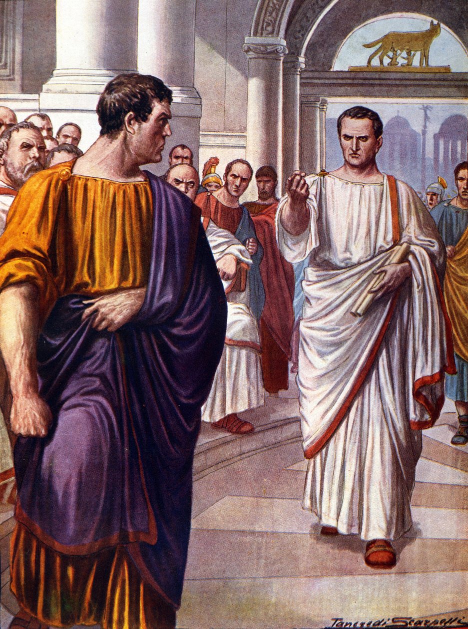 ローマの政治家キケロン（Marcus Tullius Cicero）（紀元前106-43年）は、紀元前63年に行われたカティリナの演説の際に糾弾した陰謀家カティリナ（Lucius Sergius Catilina）（紀元前108-62年）と渡り合っている。挿絵はタンクレディ・スカルペリ（1866-1937）。 作： タンクレディ・スカルペリ