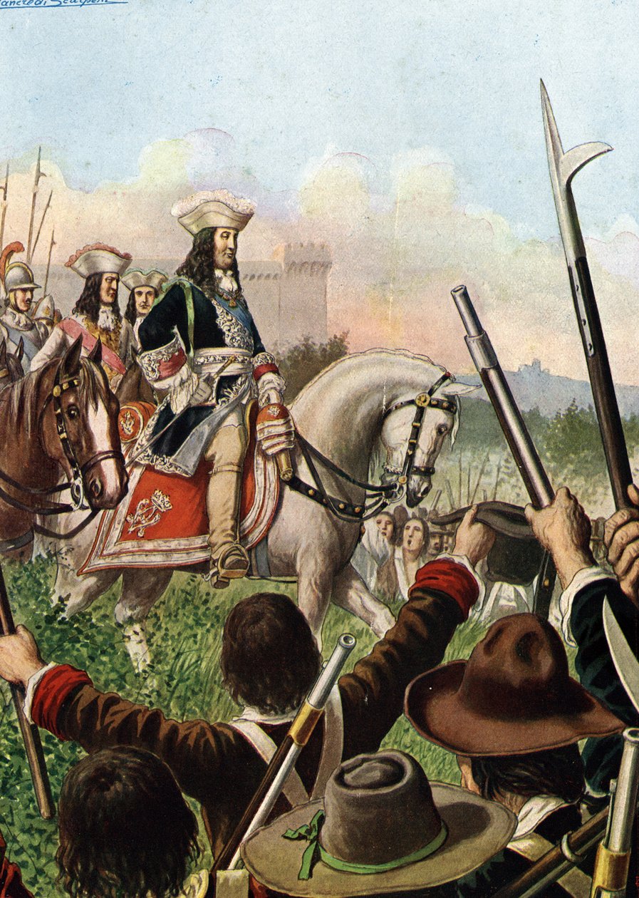スペイン継承戦争: サヴォイア公ヴィットリオ・アメデオ (ヴィクトル・アメデ) 2 世 (1666-1732) は、1703 年にオーストリアと同盟を結び、フランスに宣戦布告した。 1703) イラスト 作： タンクレディ・スカルペリ