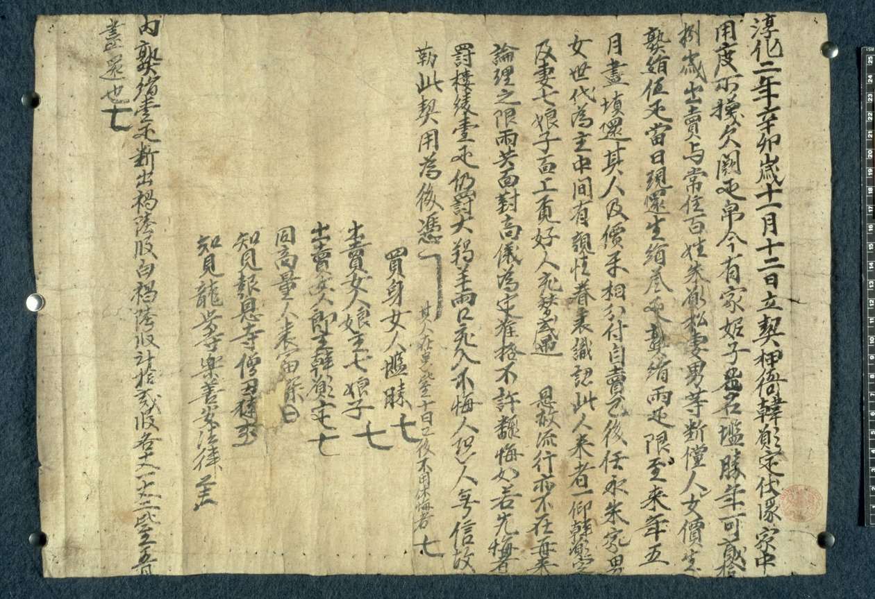 BL.Stein Roll 8820032 「世界の十王」 (「Shi Wang Jing Tu」)、スートラ (仏陀の談話) 敦煌 (羊皮紙にインク) のページ 作： 唐王朝の中国語学校