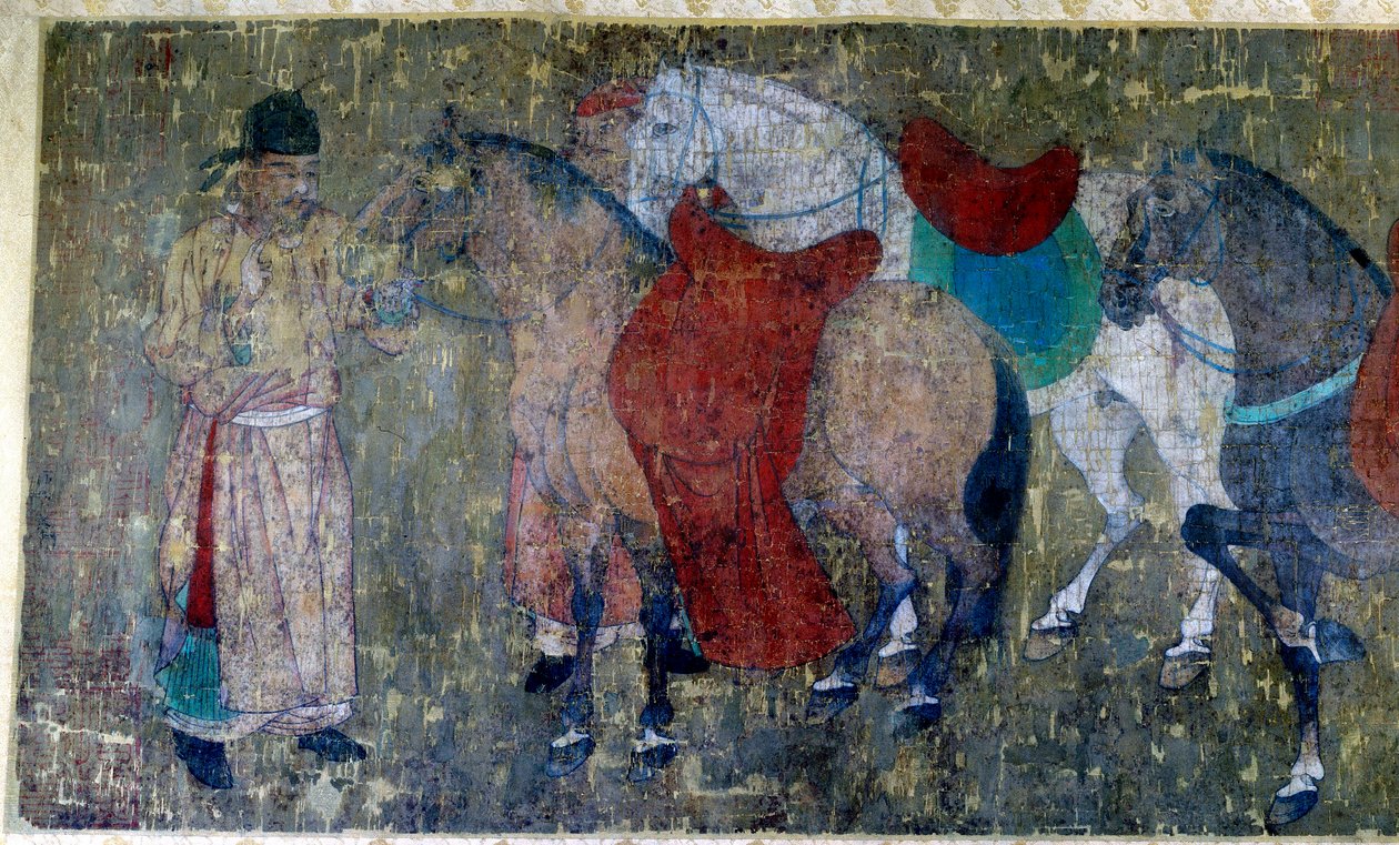 中国美術「玄宗皇帝（712-756）の宮廷画家、韓寒（かんかん）の絹絵巻の断片の詳細。唐時代の作品。唐代。50x141 cm パリ市立セルヌスキ美術館 作： 唐王朝の中国語学校