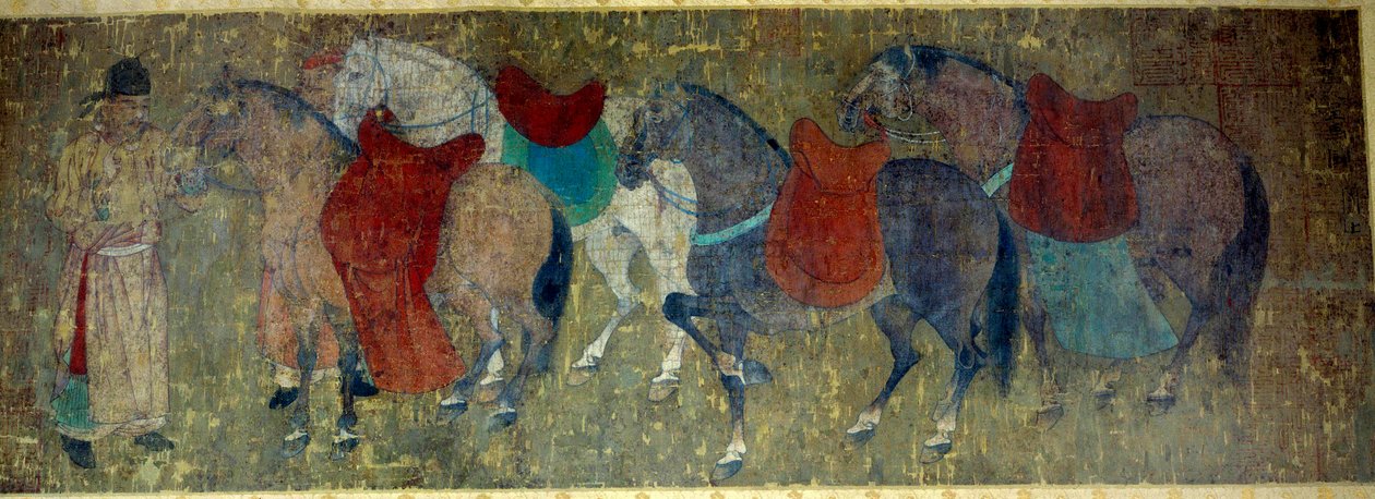 中国美術。「玄宗皇帝（712-756）の宮廷画家、韓寒（かんかん）作とされる絹本の絵巻物の断片。唐時代のもの。大きさ50x141 cm パリ市立セルヌスキ美術館 作： 唐王朝の中国語学校