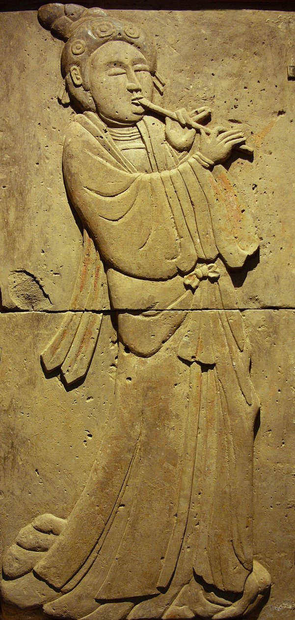 音楽家が描かれたテラコッタ製の石碑、唐時代（618～907年）、陝西省で発見、西安の石林博物館。写真撮影、レオナルド・デ・セルバ、中国、2006年 作： 唐王朝の中国語学校