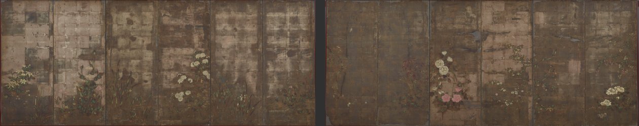 季節の花、スクリーン（6パネル）、1600〜1630（紙の上の銀色） 作： 俵屋宗達