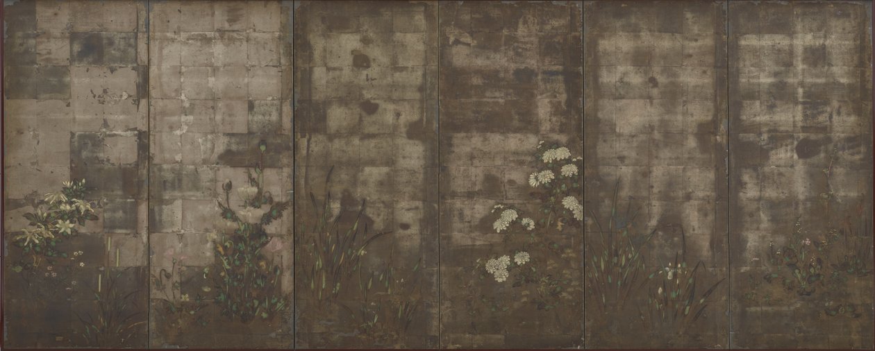 季節の花、スクリーン（6パネル）、1600-30（紙の上の銀色） 作： 俵屋宗達