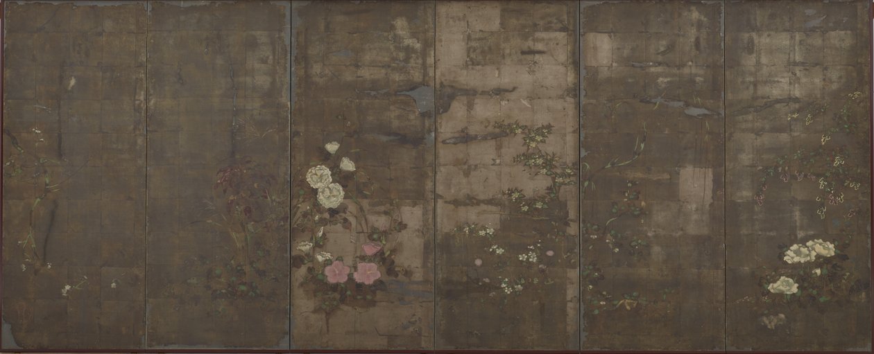 季節の花、スクリーン（6パネル）、1600-30（紙の上の銀色） 作： 俵屋宗達