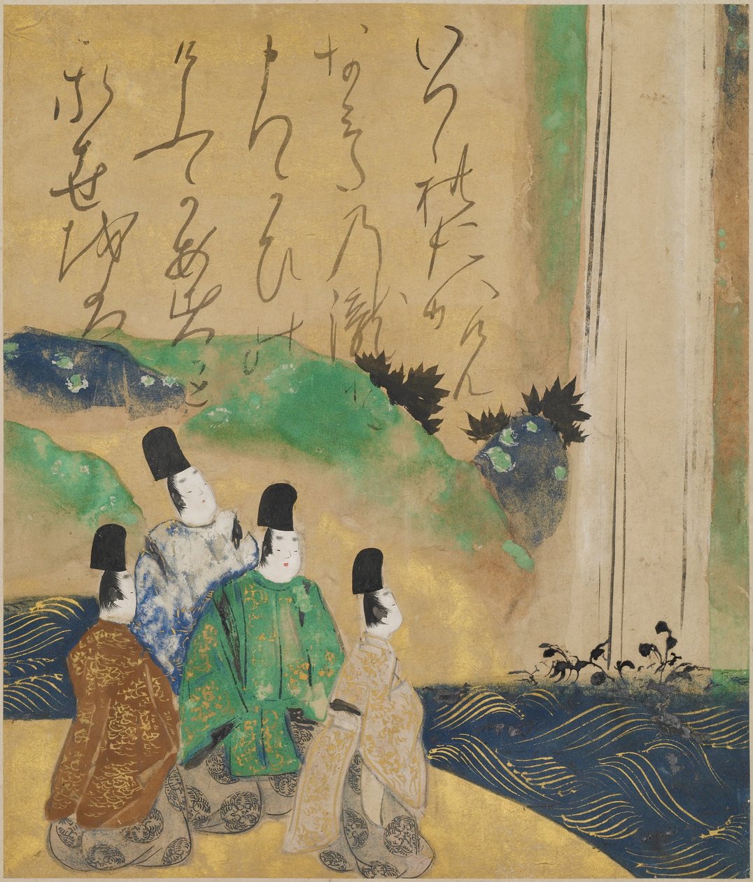 布引の滝を眺める貴族、1643年頃（紙にインクと色） 作： 俵屋宗達
