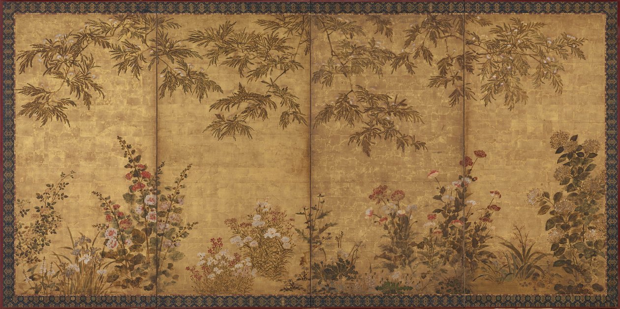 ミモザ、ポピー、その他の夏の花、江戸時代、1630～1670年。 作： 田原屋総雪