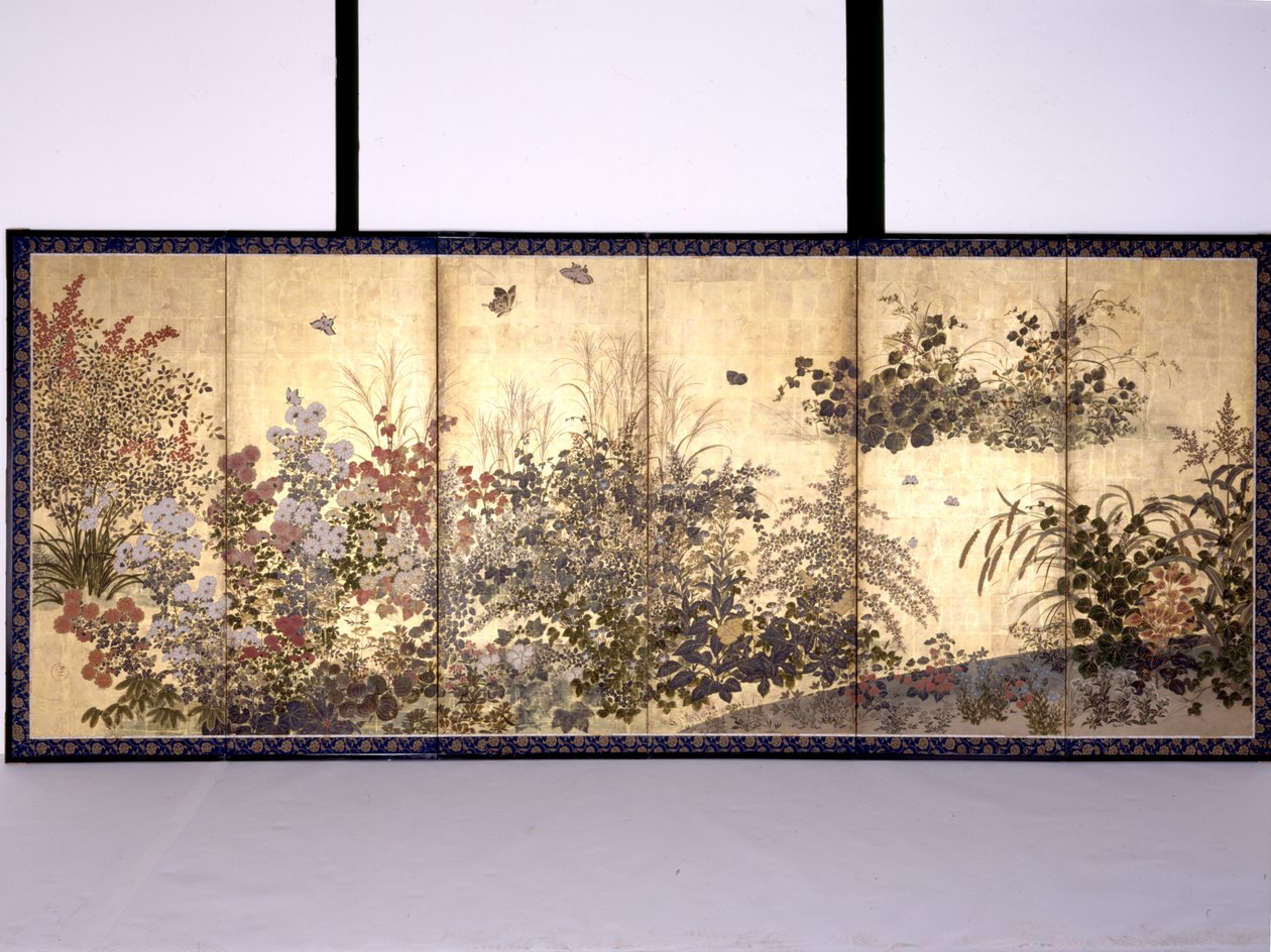 花と蝶（紙にインク、色、金箔） 作： 俵屋宗達