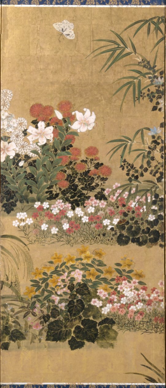 花と蝶（紙にインク、色、金箔） 作： 俵屋宗達