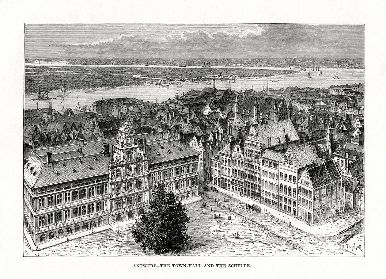 市庁舎とスヘルデ川、アントワープ、ベルギー、1879 作： テイラー
