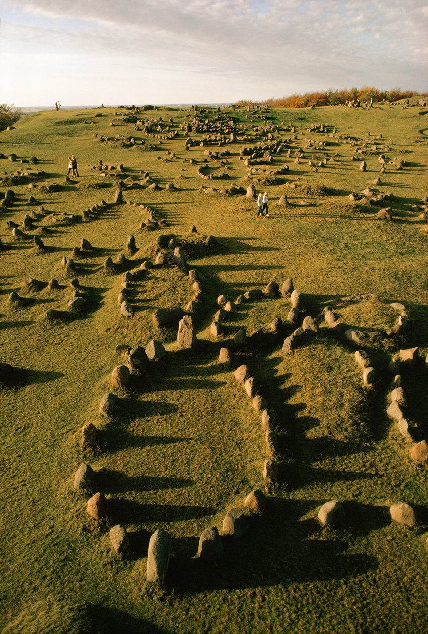 デンマークにある古代の埋葬地には、バイキングが設置した船体型の石標が点在している。 作： テッド・シュピーゲル