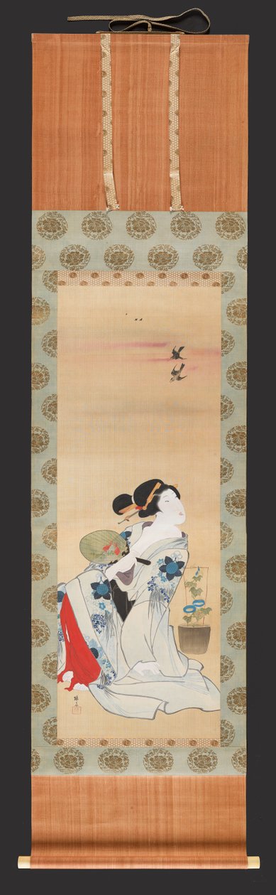 鍋の横に扇子を持つ美女 朝顔、1830〜44年頃（シルクにインクと色） 作： 北馬帝西