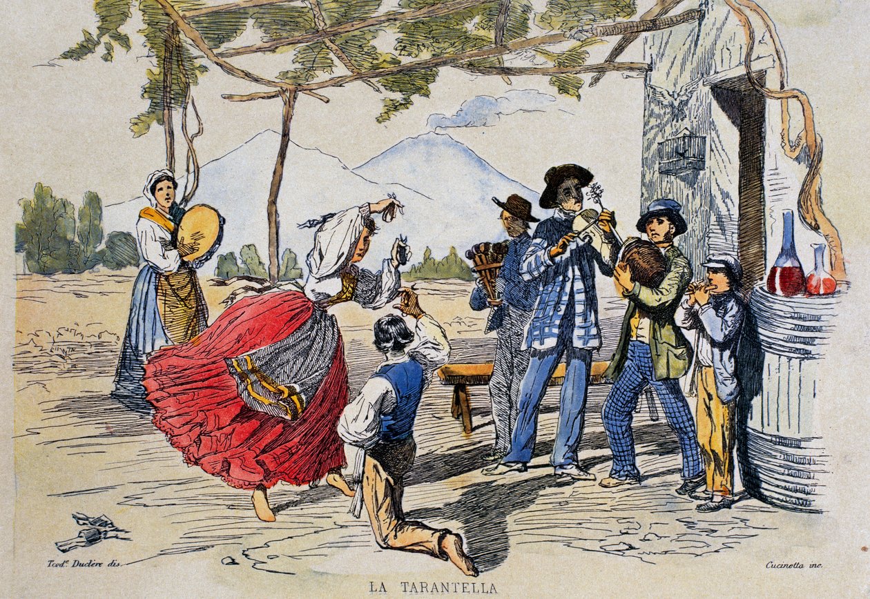 ナポリのタランテラ、イタリア、テオドロ・デュクレア（1814-1869）のデッサンからのエングレービング 作： テオドロ・ドクレア