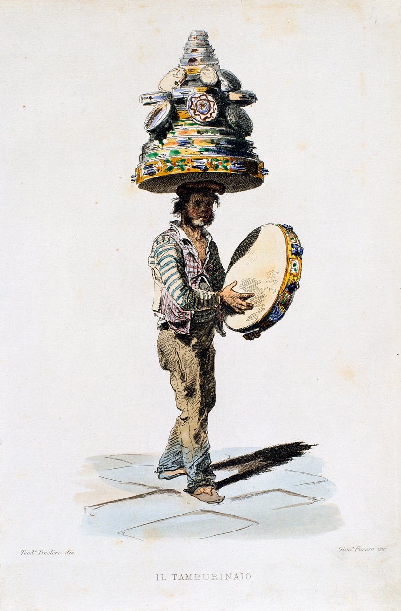 ジョヴァンニ・フサロ（1803-1894）がテオドロ・デュクレア（1816-1867）の絵から描いた「タンバリンの男」の版画。イタリア 作： テオドロ・ドクレア