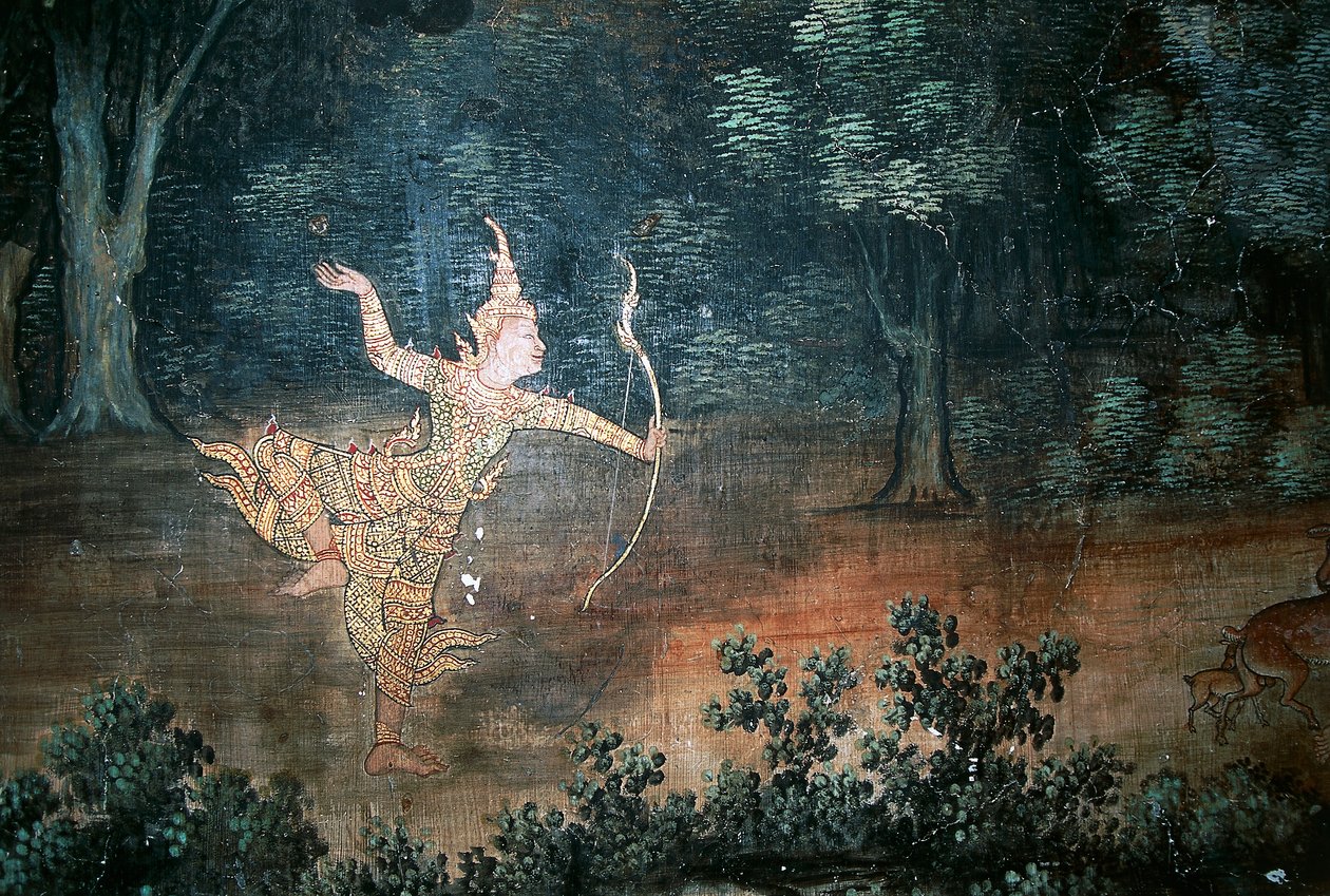 アプサラ、仏陀の生涯を描いた壁画、ワット・スワン・ダララム、アユタヤ歴史公園（ユネスコ世界遺産登録 作： タイの学校