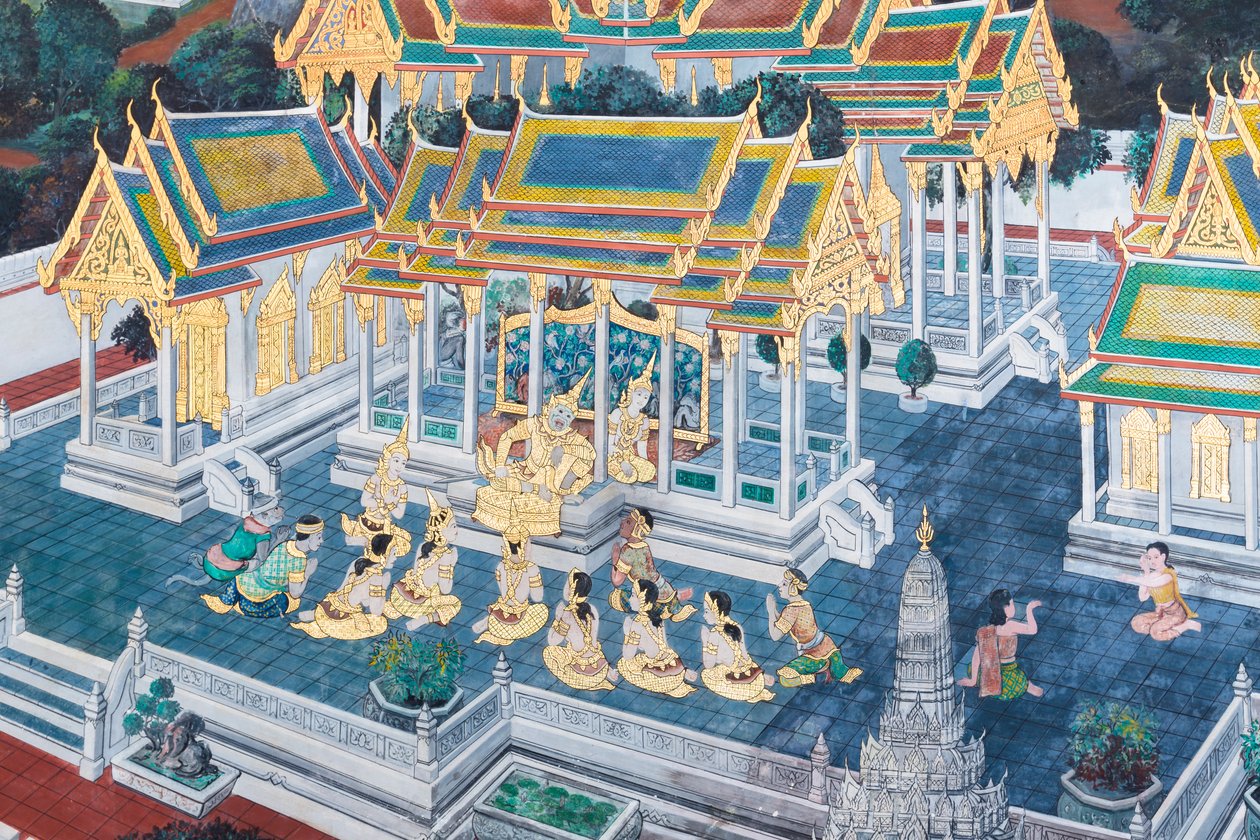 Mural depicting scenes from the Ramayana at Wat Phra Kaeo, the Royal Grand Palace, Bangkok, Thailand   1460382   ja       japanese Successfully Translated  Original: Ducal party, banquet given by the Doge of Venice in honor of representatives of foreign de 作： タイの学校
