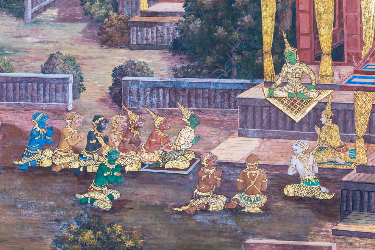 Mural retratando cenas do Ramayana em Wat Phra Kaeo, o Grande Palácio Real, Bangkok, Tailândia 作： タイの学校