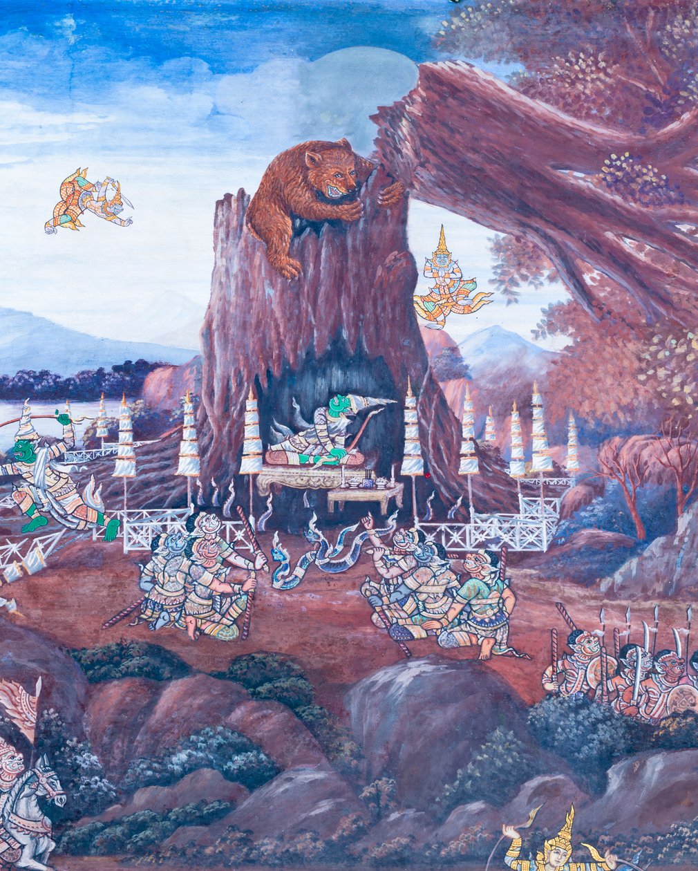 Seinämaalaus, joka kuvaa kohtauksia Ramayanasta Wat Phra Kaeossa, Kuninkaallisesta palatsista, Bangkokista, Thaimaasta 作： タイの学校