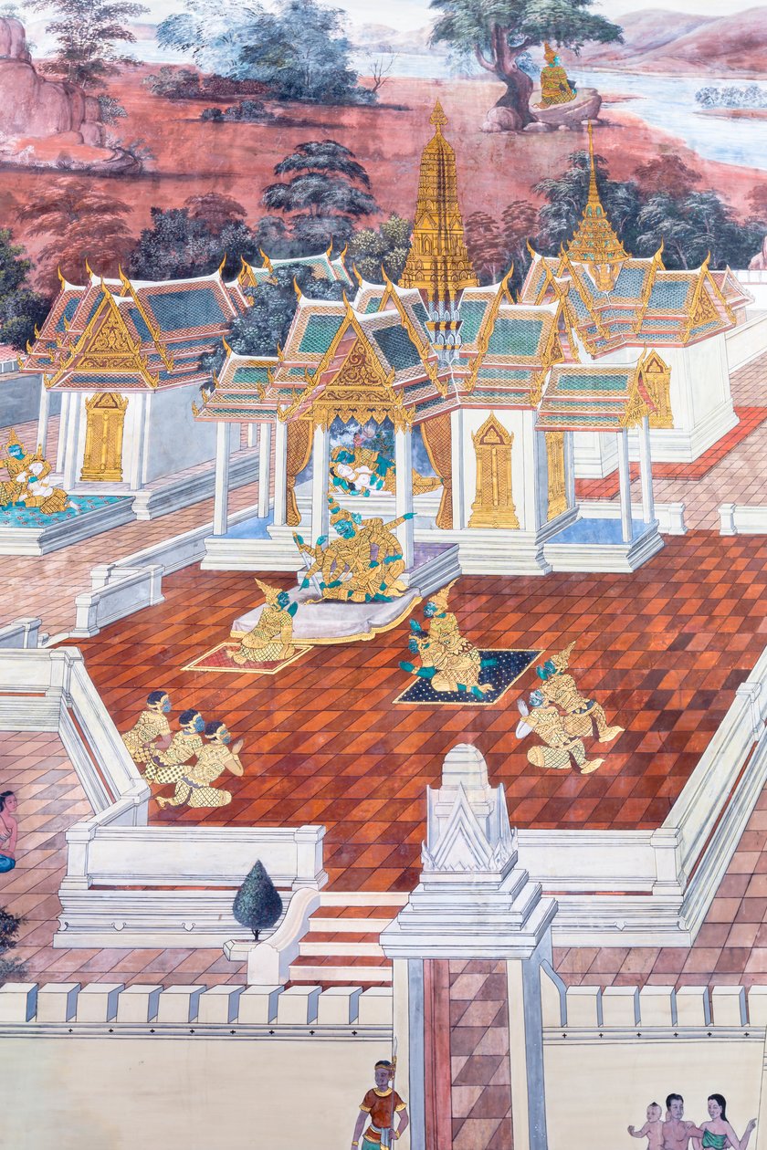 ワット プラケオ、ロイヤル グランド パレス、バンコク、タイでラーマーヤナのシーンを描いた壁画 作： タイの学校