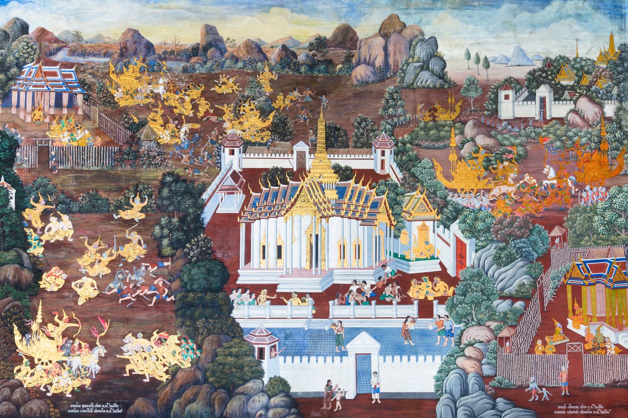 ワット プラケオ、ロイヤル グランド パレス、バンコク、タイでラーマーヤナのシーンを描いた壁画 作： タイの学校