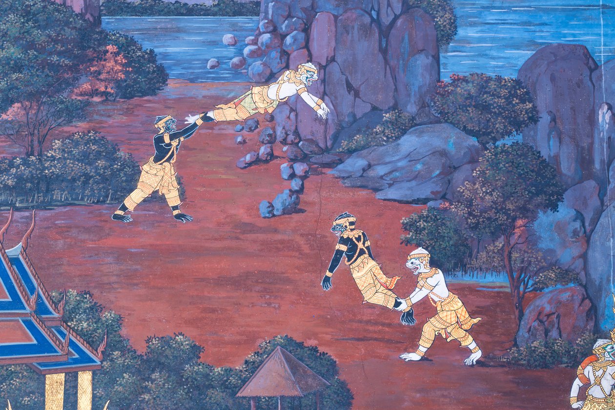 ワット プラケオ、ロイヤル グランド パレス、バンコク、タイでラーマーヤナのシーンを描いた壁画 作： タイの学校