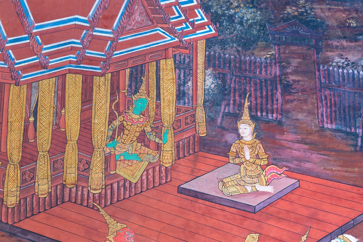 ワット プラケオ、ロイヤル グランド パレス、バンコク、タイでラーマーヤナのシーンを描いた壁画 作： タイの学校