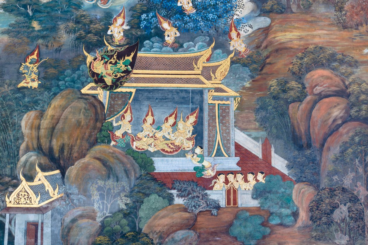 Mural retratando cenas do Ramayana em Wat Phra Kaeo, o Grande Palácio Real, Bangkok, Tailândia 作： タイの学校