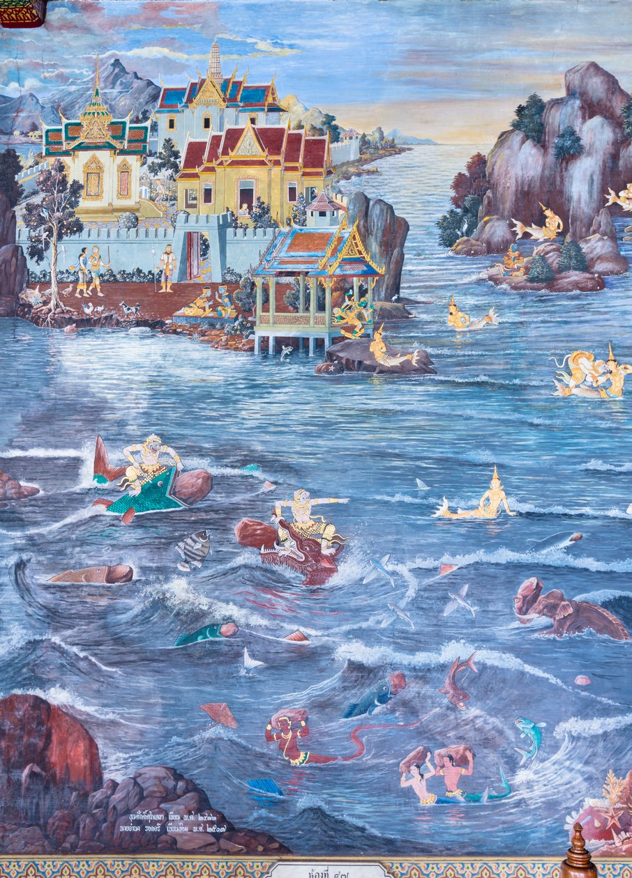 Mural depicting scenes from the Ramayana at Wat Phra Kaeo, the Royal Grand Palace, Bangkok, Thailand   1460927   ja       japanese Successfully Translated  Original: Port Mahon, Minorca with British Men-of-War at Anchor Translat: Port Mahon, Minorca with B 作： タイの学校