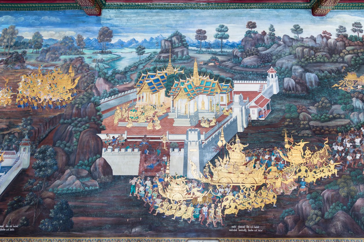 ワット プラケオ、ロイヤル グランド パレス、バンコク、タイでラーマーヤナのシーンを描いた壁画 作： タイの学校