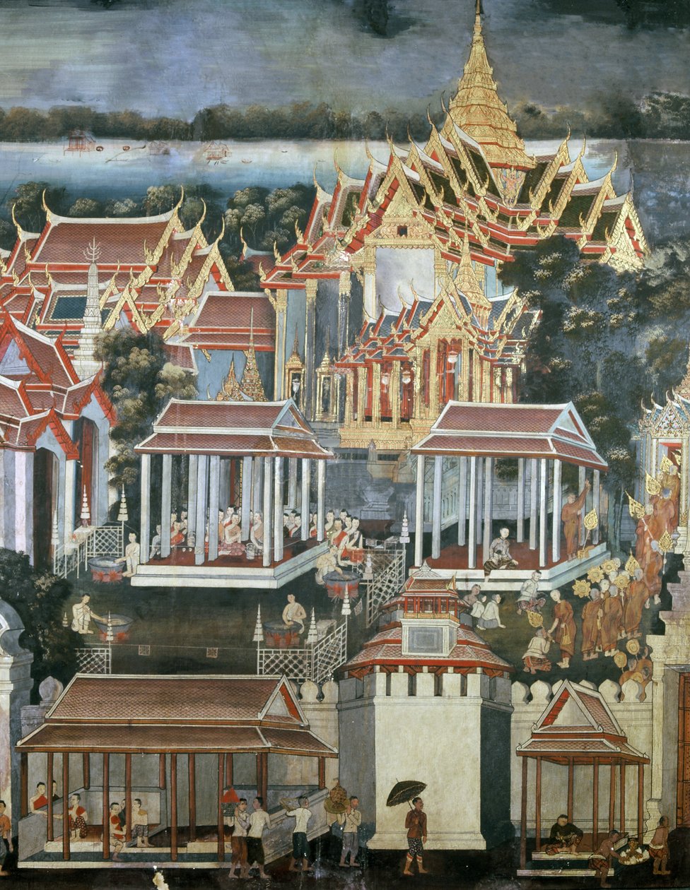 1864年にエメラルド仏の寺院で僧侶に捧げられた供物（壁画） 作： タイの学校
