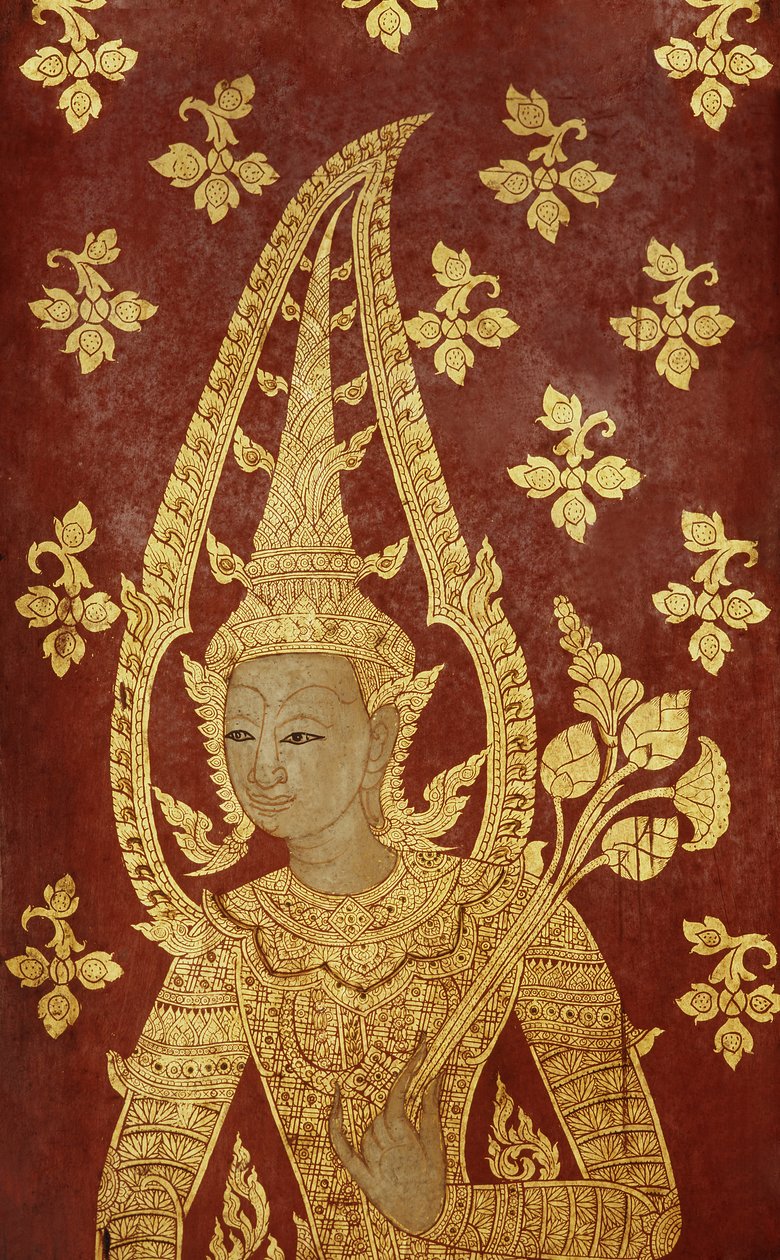 神をイメージしたラタナコーシンスタイルのドアパネル、c.1860（塗装済み木材） 作： タイの学校