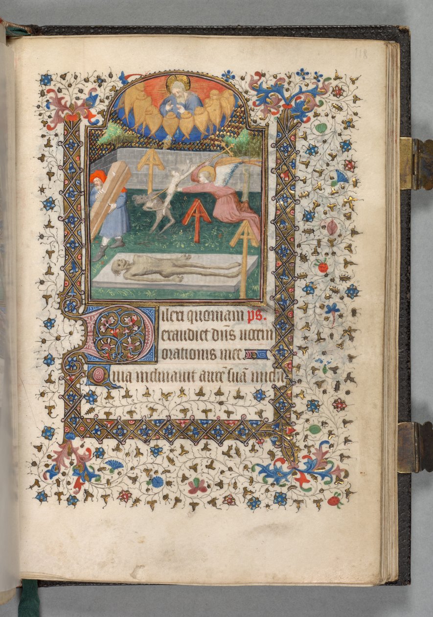 パリの使用時間の本: Fol. 118r、魂をめぐって戦う天使と悪魔、c。 1420年。 作： ベッドフォードマスター