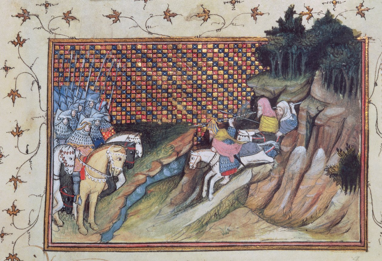 Harl 1319 f.9 MacNamara、アイルランドの酋長がグロスター伯爵と会談するためにやってくる、「Histoire du Roy d