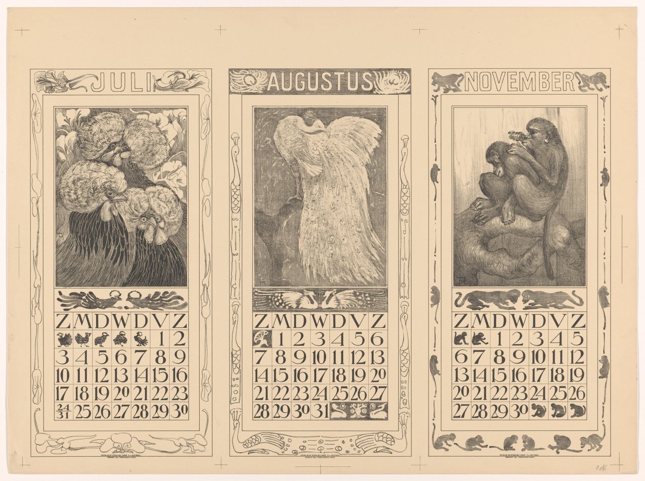 1910 年 7 月、8 月、11 月のカレンダー 作： テオファンホイテマ