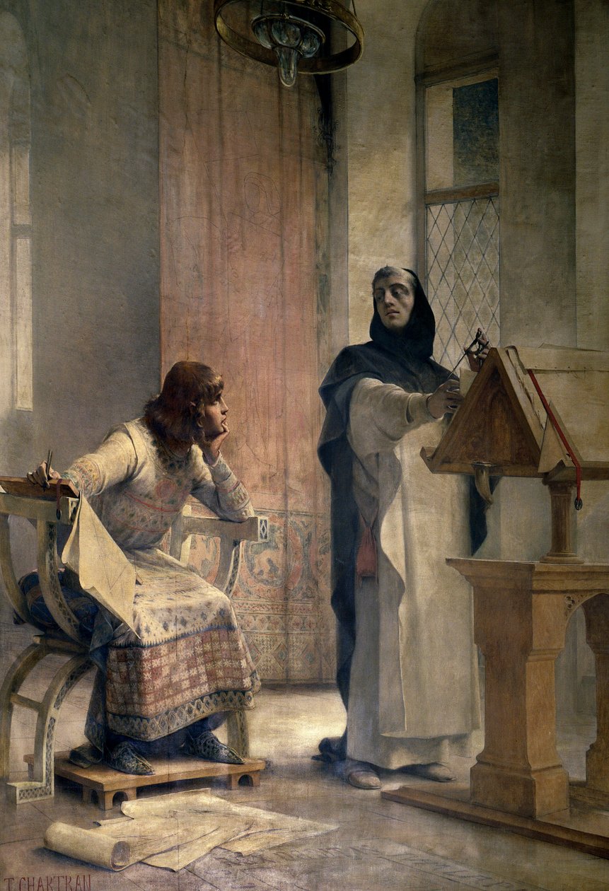 ルイ9世（1214-1270）は、フランス王になる前に、ロワイヨモン修道院でドミニコ会の兄弟であるヴァンサン・ド・ボーヴェ（1190-1264）に数学を学んだ。テオバルト・シャルトラン（1849-1907）による絵画。パリ、ラ・ソルボンヌ 作： テオバルドシャルトラン