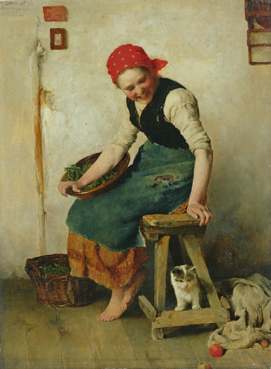 猫を持つ少女、1884年（紙に油彩） 作： テオドール・シュミット