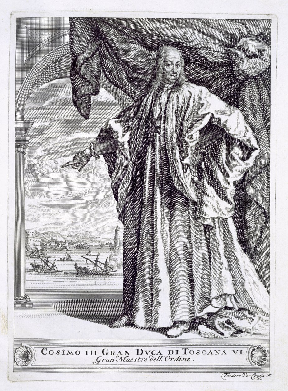 コジモIIIデメディチ（1642-1723）の肖像画、フルビオフォンタナ作のプレジデッラトスカーナIの前絵、1701年 作： テオドール・ヴェルクルイス