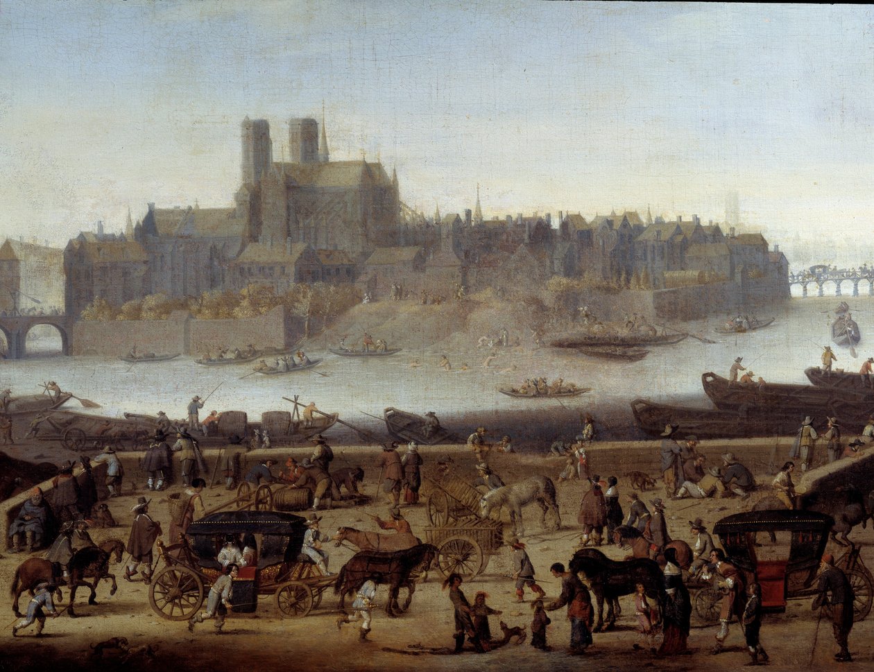 Le quai et le pont de la Tournelle à Paris 詳細。波止場とラ・シテ島の眺め。テオドール・マータム（1606-1676）の作とされる絵画 1646年 パリ、カルナヴァレ美術館 作： セオドア（attr。To）マサム