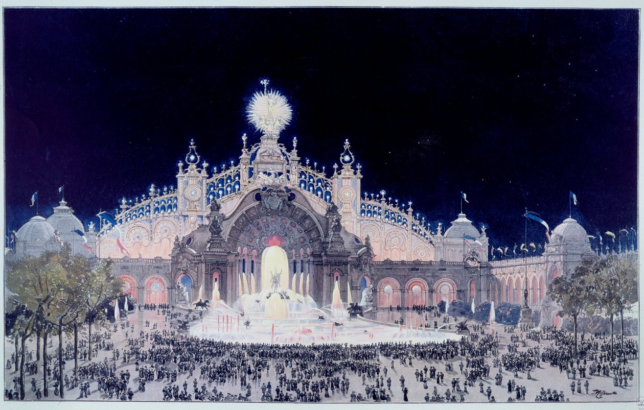 ユニバーサルな展覧会。"View of the Palace of Electricite and Water Castle in Paris in 1900" Fedor Hoffbauerとして知られるTheodore Joseph Hubert Hoffbauer (1839-1922)のプリント。1900年パリ、カルナヴァレ美術館 作： テオドール・ヨーゼフ・ヒューバート・ホフバウアー