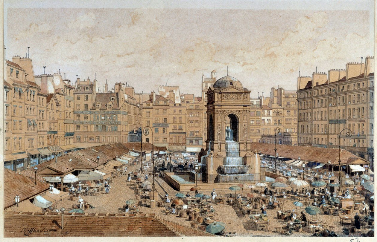 19世紀パリのマルシェとイノセントの泉の眺め。水彩画：テオドール・ジョゼフ・ホフバウアー（1839-1922） 19世紀 パリ、カルナヴァレ美術館 作： テオドール・ヨーゼフ・ヒューバート・ホフバウアー