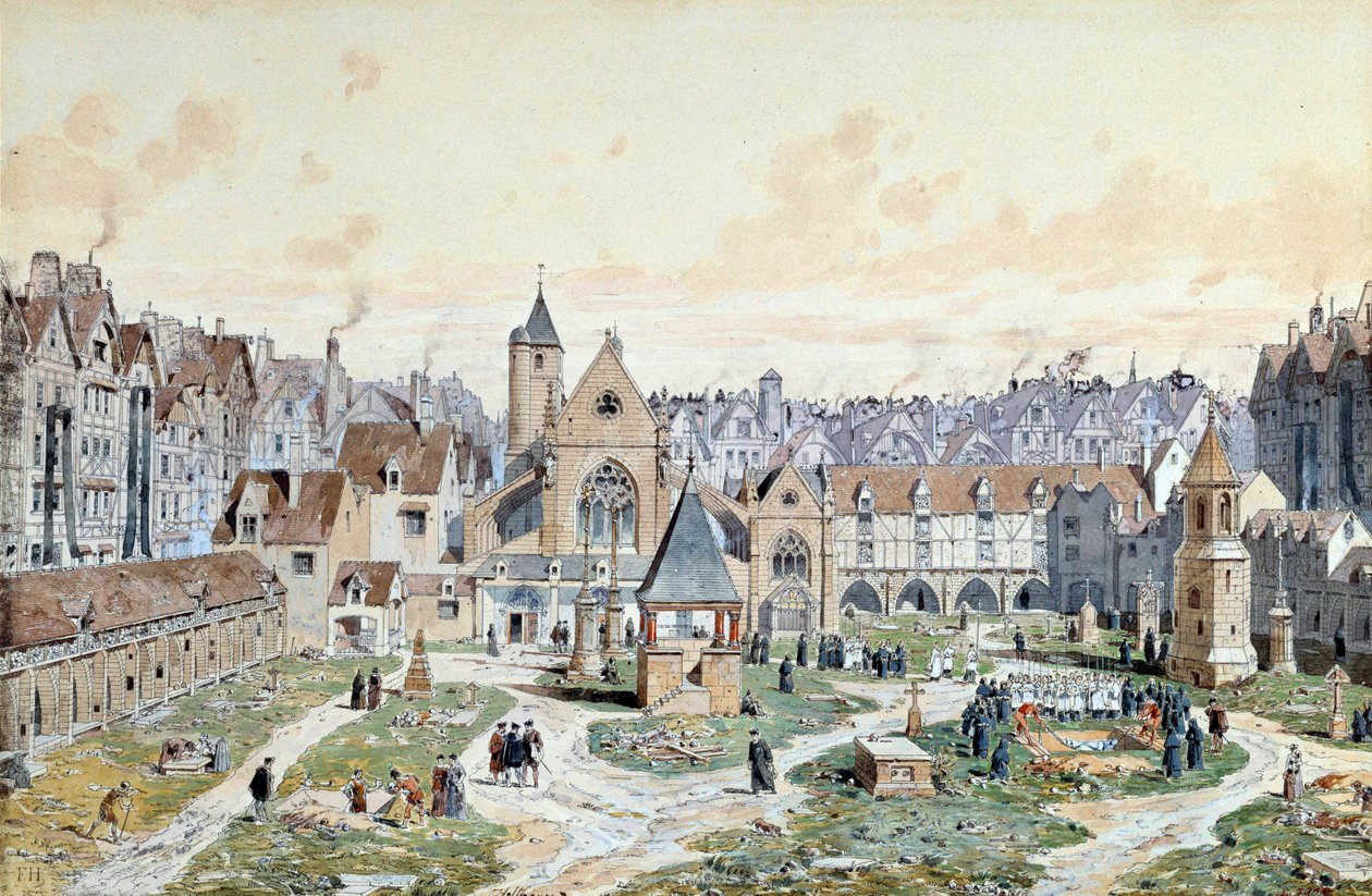 1550年のパリの「罪人の墓地」の風景。テオドール・ジョセフ・ヒューバート・ホフバウアー（1839-1922）による水彩画 19世紀 パリ、カルナヴァレ美術館 作： テオドール・ヨーゼフ・ヒューバート・ホフバウアー